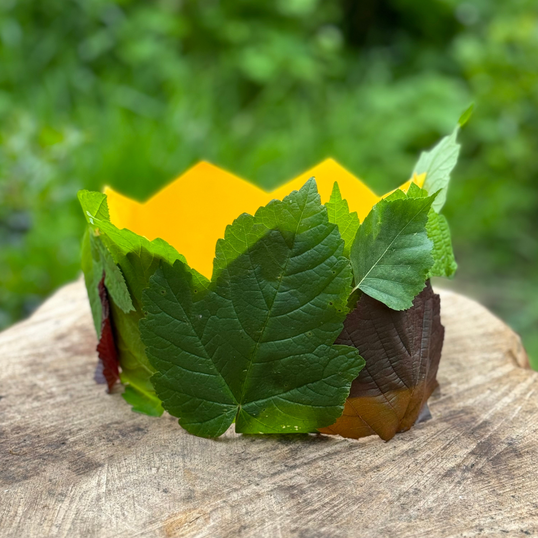 A leaf crown made out of yellow paper with green and brown leaves attached to the front. The crown is on a tree stump.
