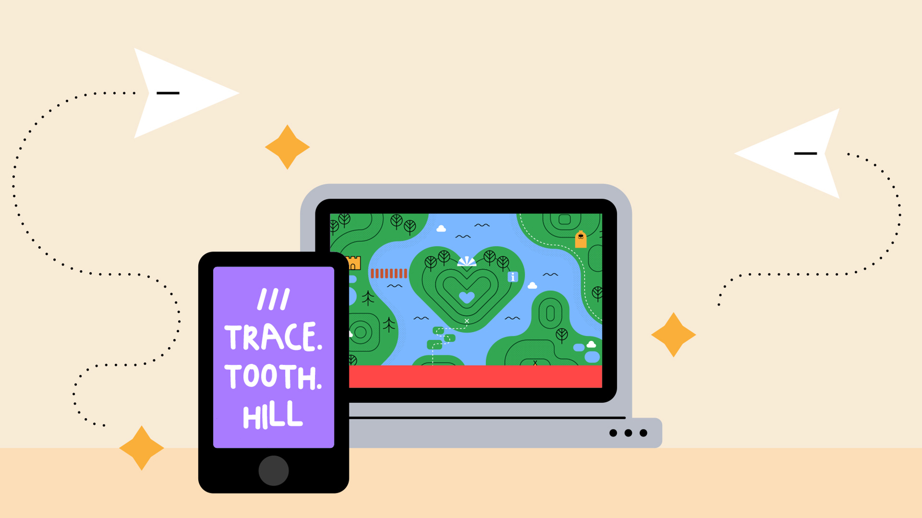 A laptop with an illustration of a heart-shaped woodland area. Leaning against the laptop is a smartphone, with the words ‘trace’, ‘tooth’ and ‘hill’ written on the screen.
