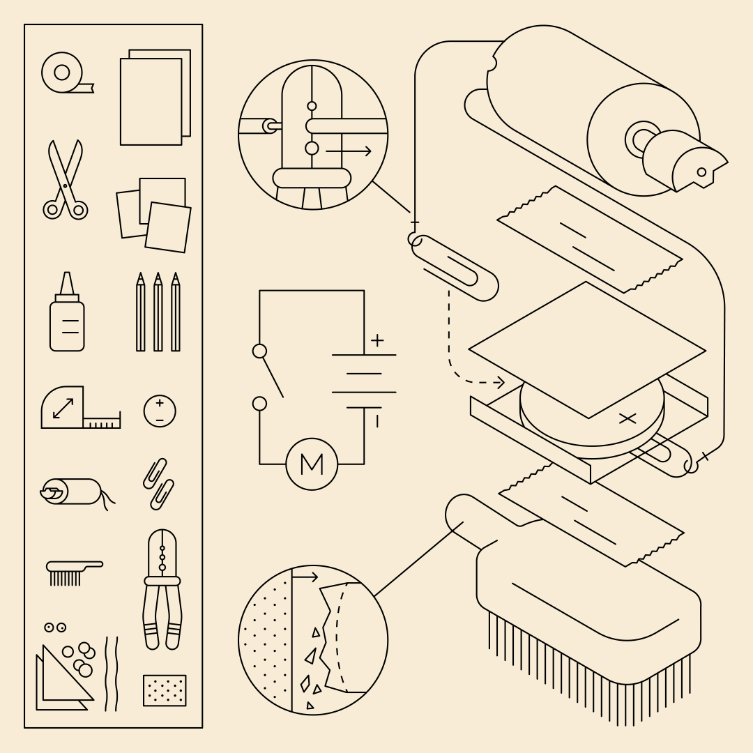 A line drawing of the items needed to create a motorised brush.