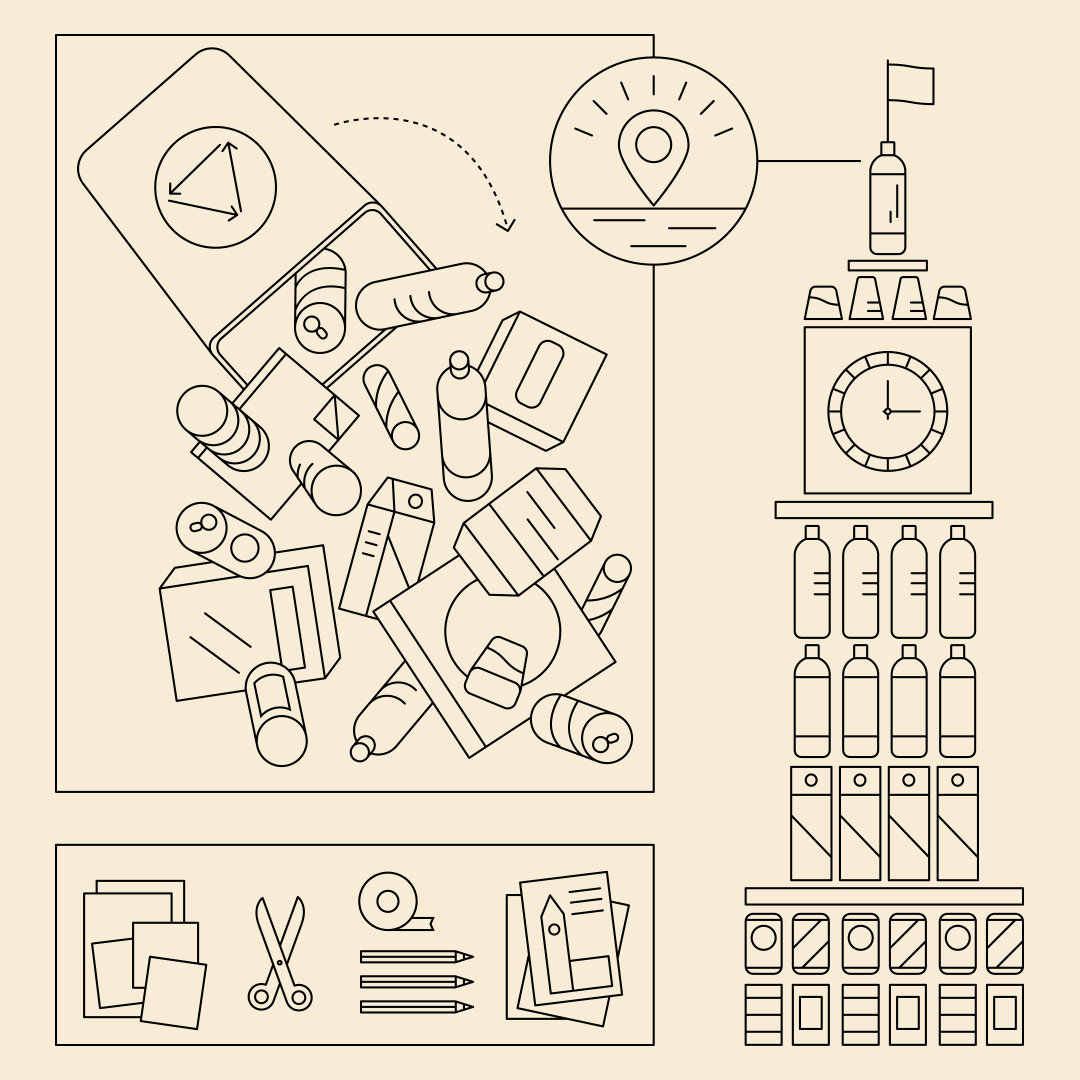 A line drawing of a bin full of recyclable materials that are stacked together to create an Eiffel Tower model.