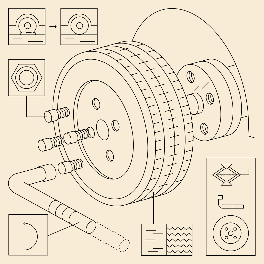 A line diagram of a wheel being attached to a car.