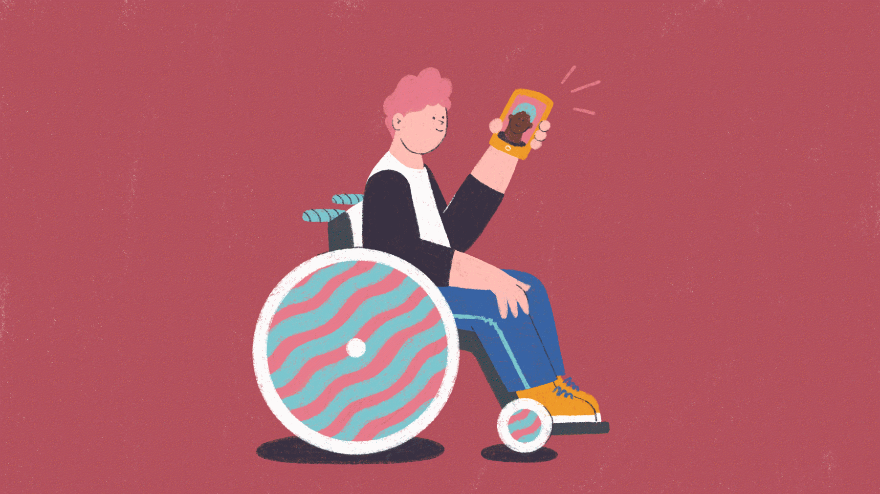 Cartoon young person with pink hair in a wheelchair, video chatting with their friend on a phone