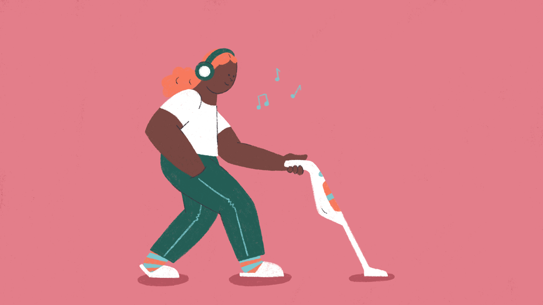 Cartoon young person with orange hair using a metal detector.