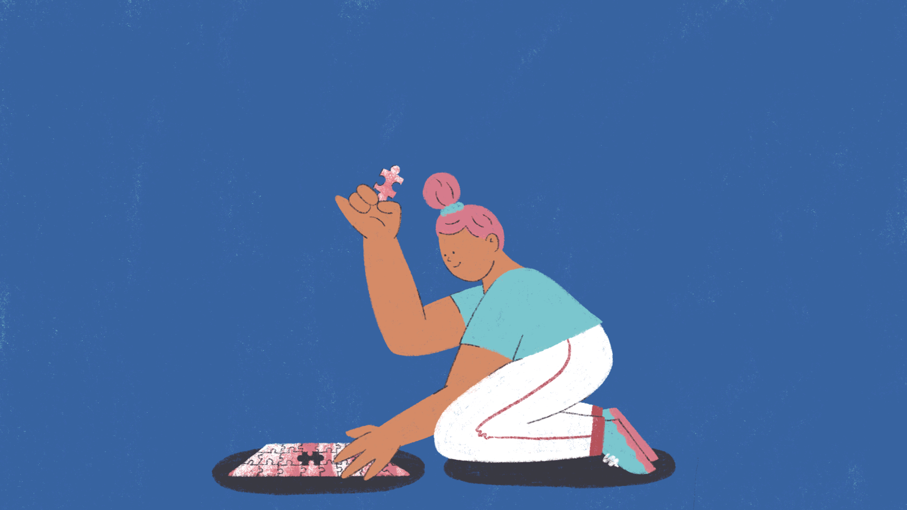 Cartoon girl with pink hair putting the final piece into a puzzle.