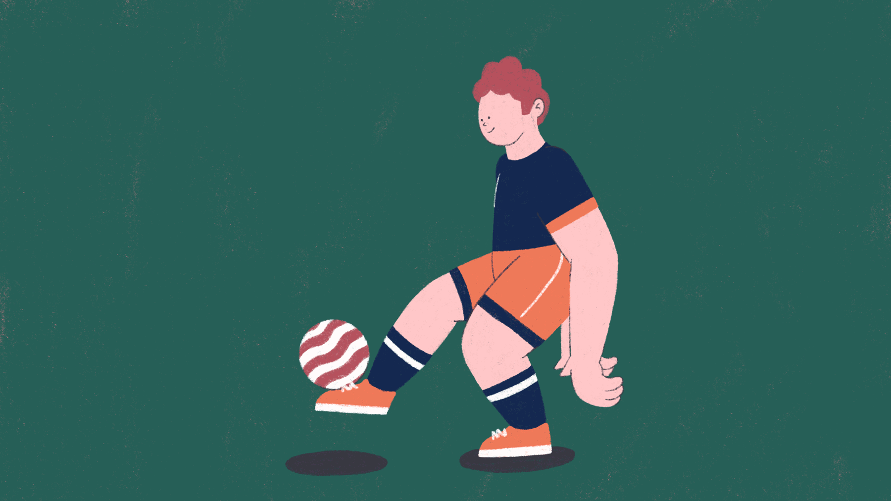 Cartoon young person with brown hair, kicking a ball up and down in the air