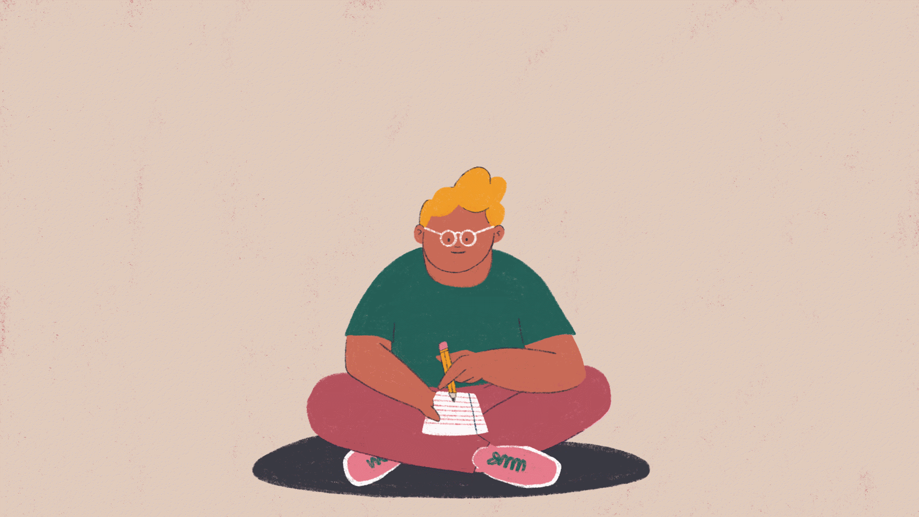 Cartoon young person sat on the floor, drawing a heart on a piece of paper with a pencil
