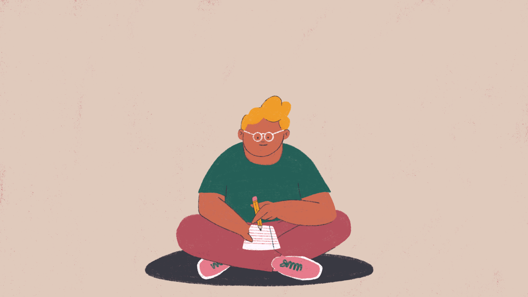 Cartoon young person sat on the floor, drawing a heart on a piece of paper with a pencil