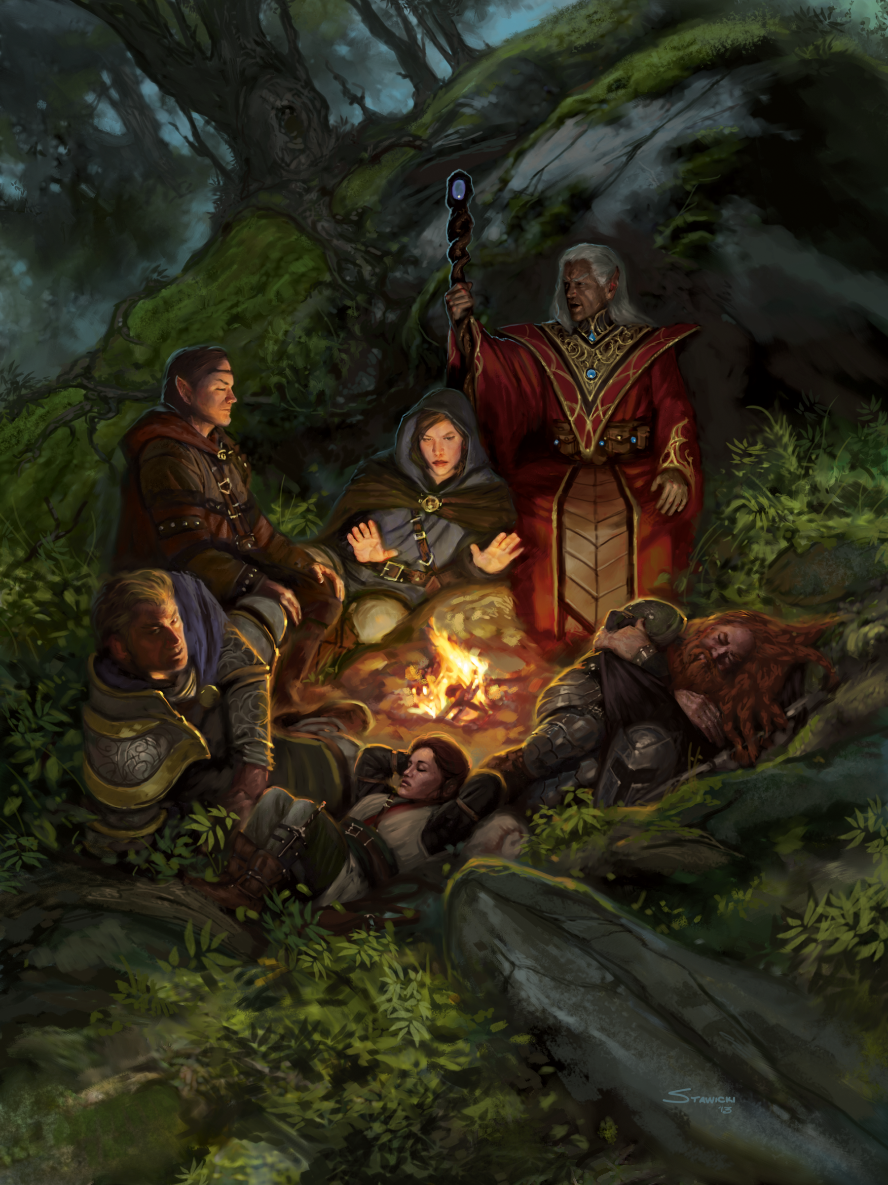 An image of some Dungeons and Dragons characters gathered round a campfire in a forest