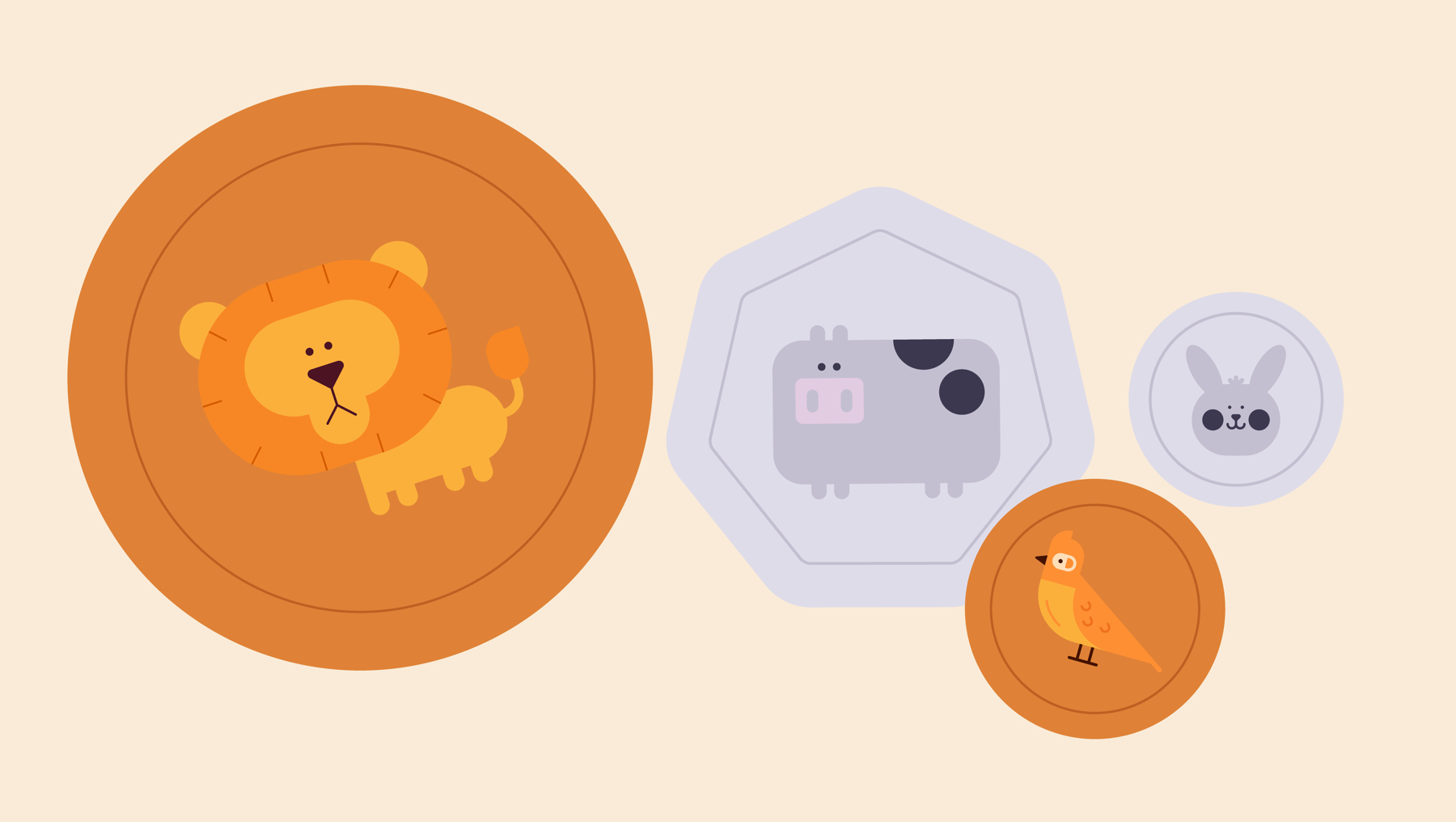An illustration of gold and silver coins engraved with lions, cows, birds and rabbits.