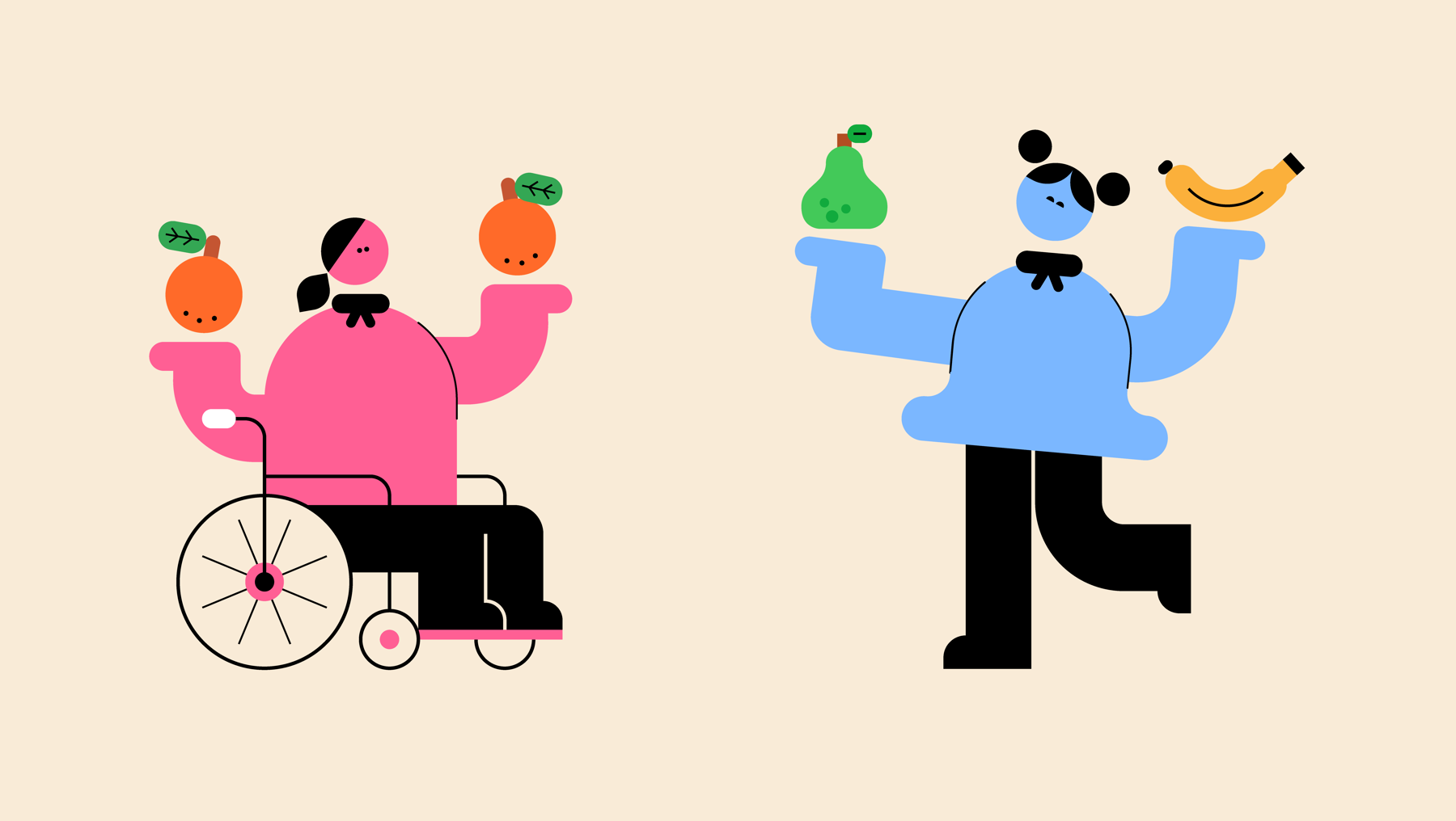 An illustration of two people holding an different fruits in each hand.