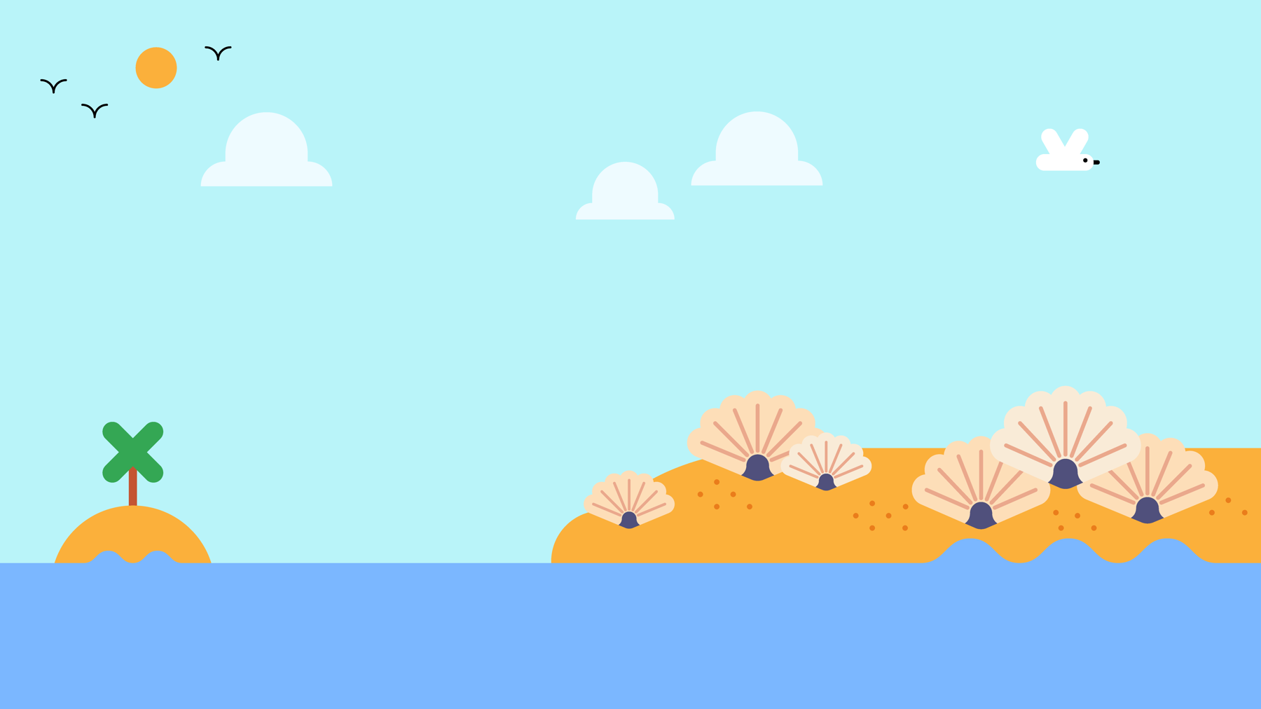 An illustration of shells atop a sand dune, overlooking the ocean.