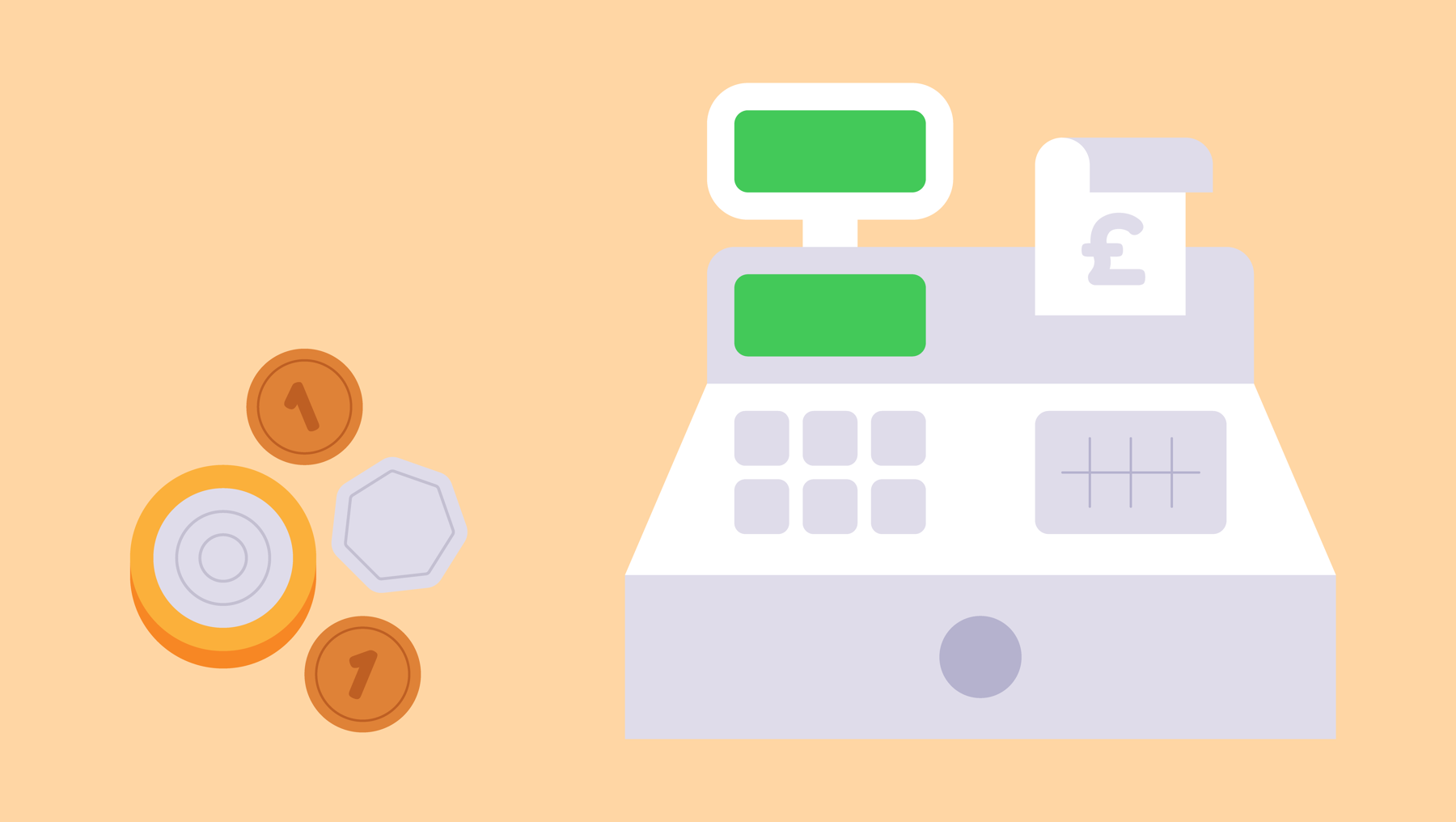 An illustration of some coins next to a cash register.