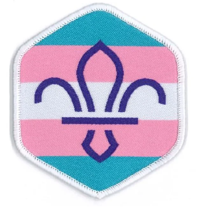 Scouts Pride Trans badge pink white and blue