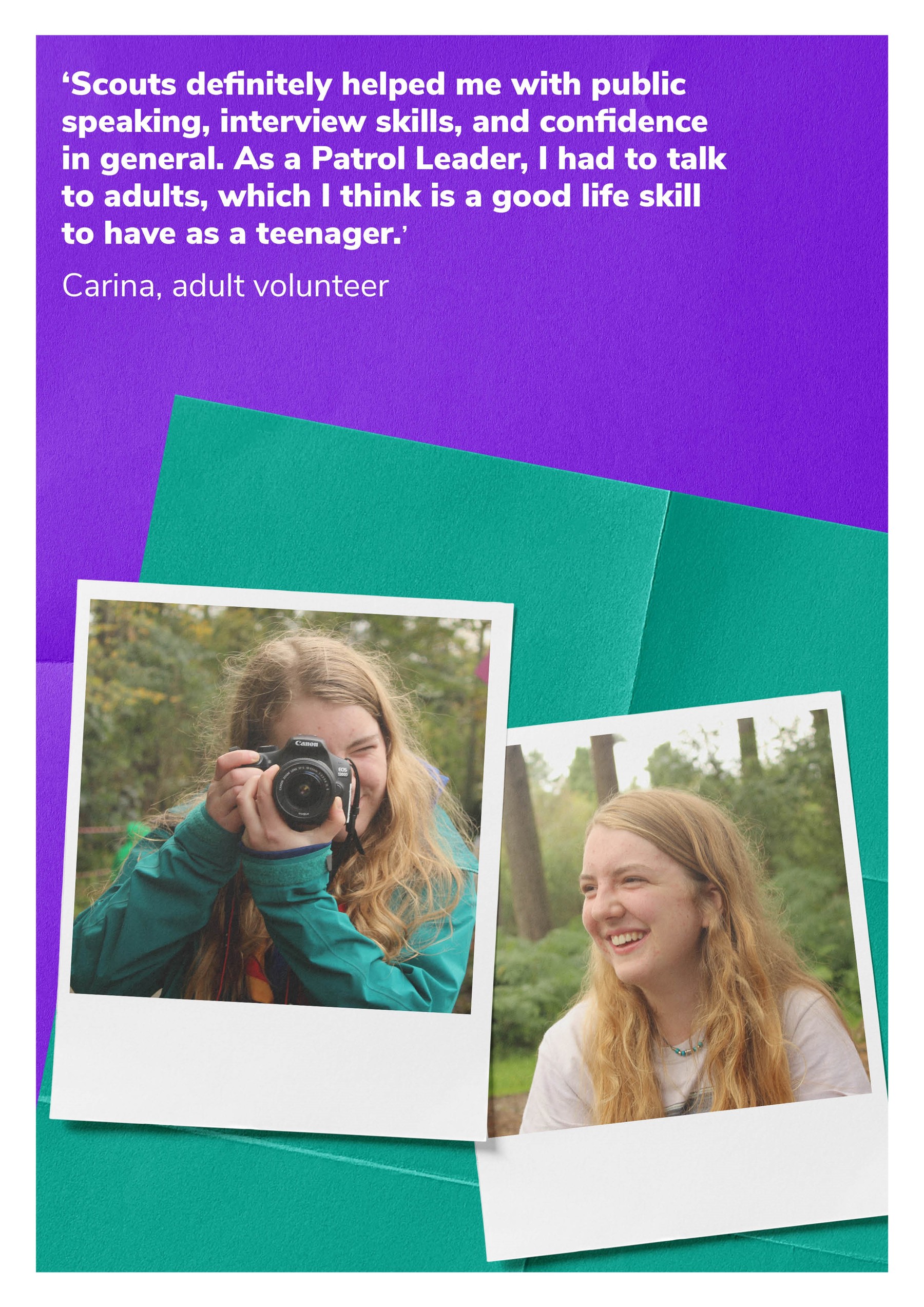 A quote from Carina, an adult volunteer, with pictures of her with a camera and smiling.