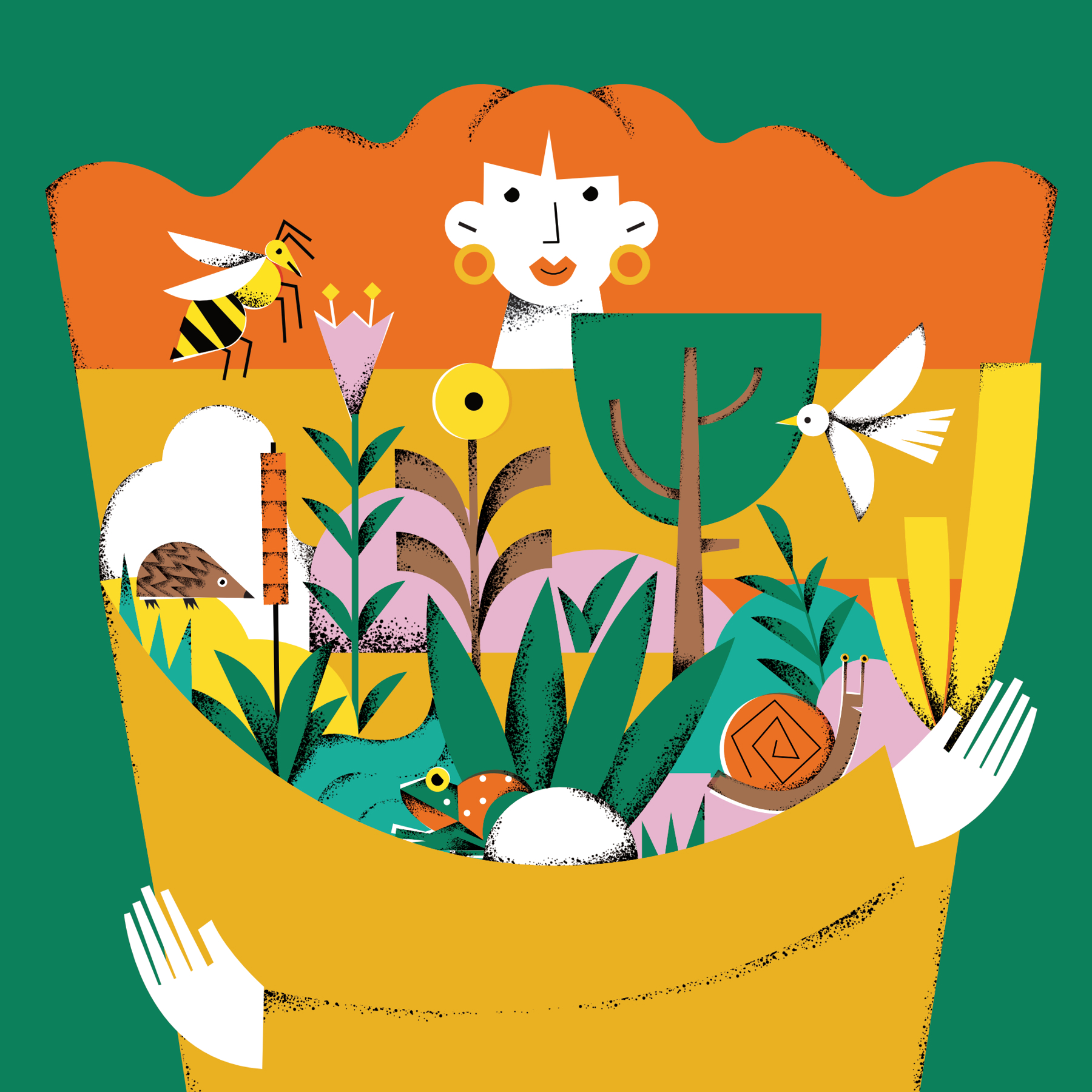 An illustration of a girl with long, flowing ginger hair wrapping her arms around a variety of plants and creatures.
