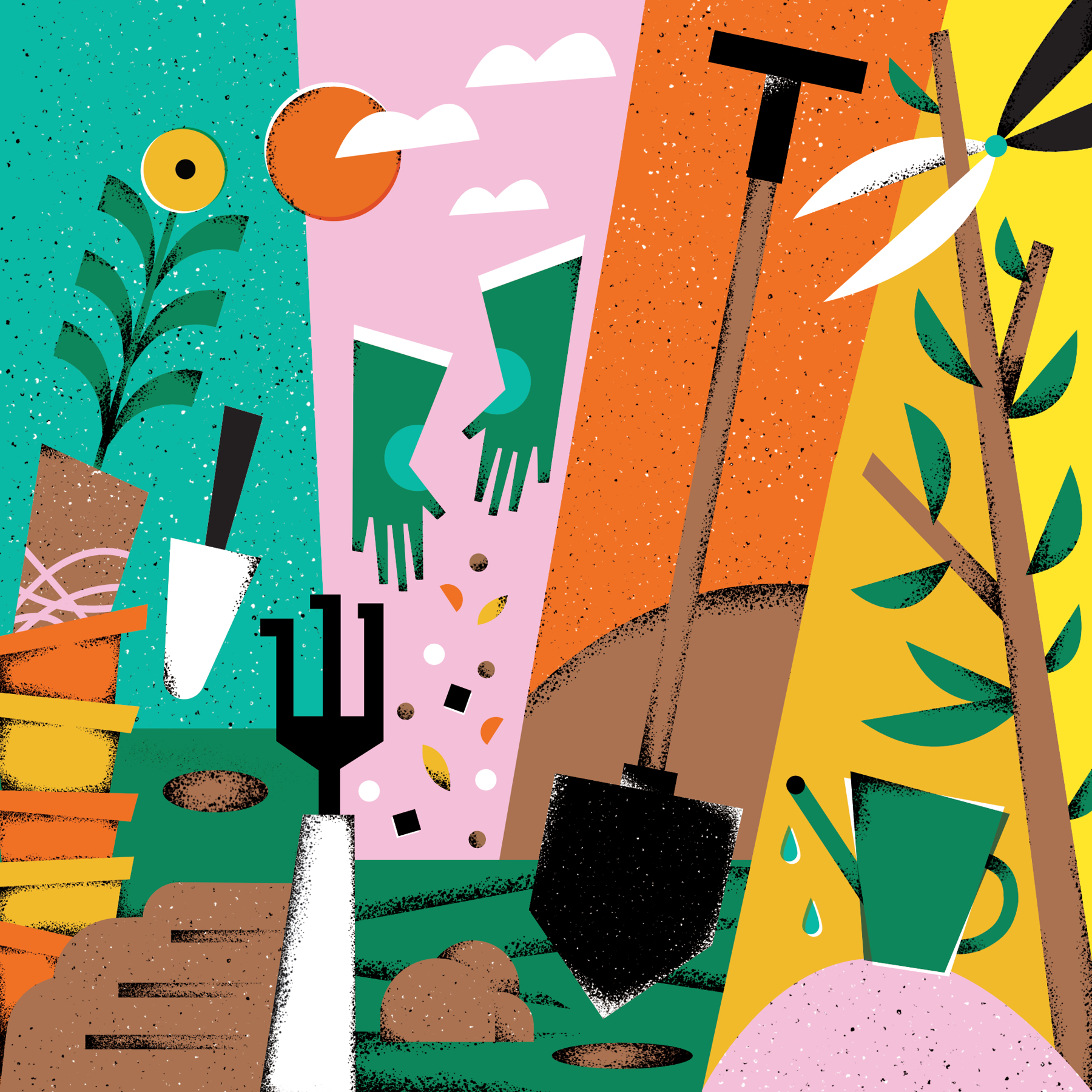 An illustration of various gardening tools, including spades, forks, shovels and watering cans.