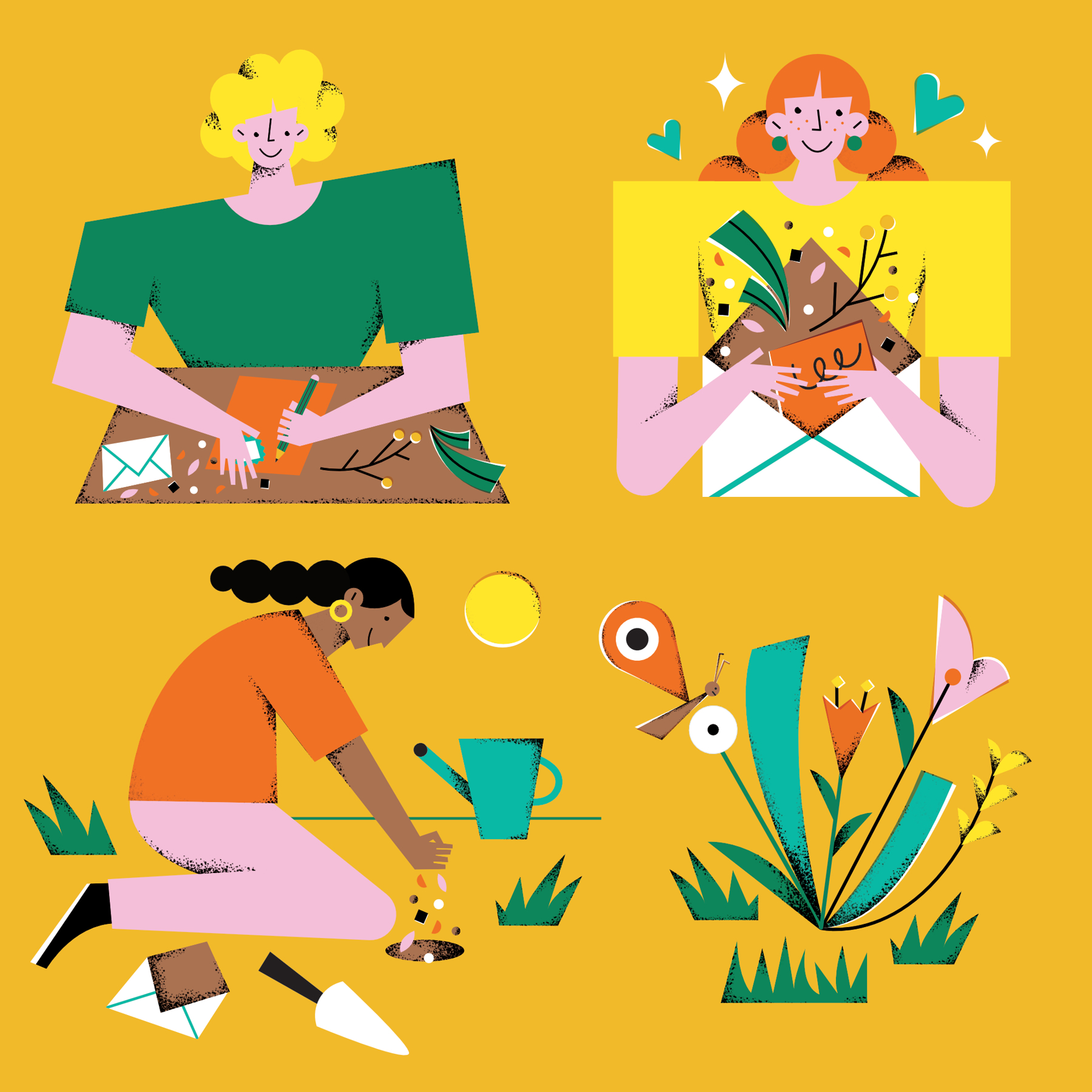 An illustration of people planting seeds and growing flowers and trees.
