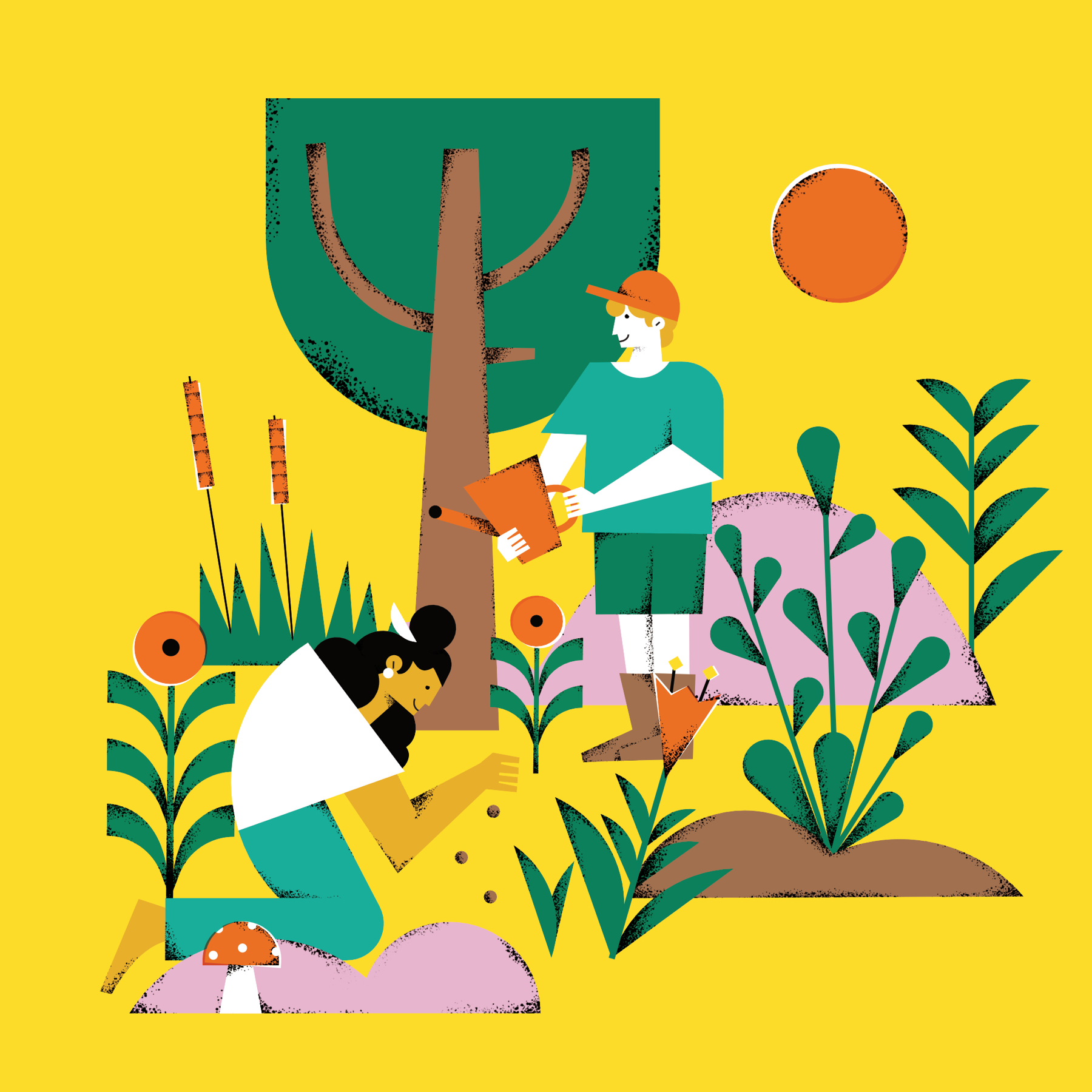 An illustration of a girl planting seeds by a tree, whilst a boy waters it.