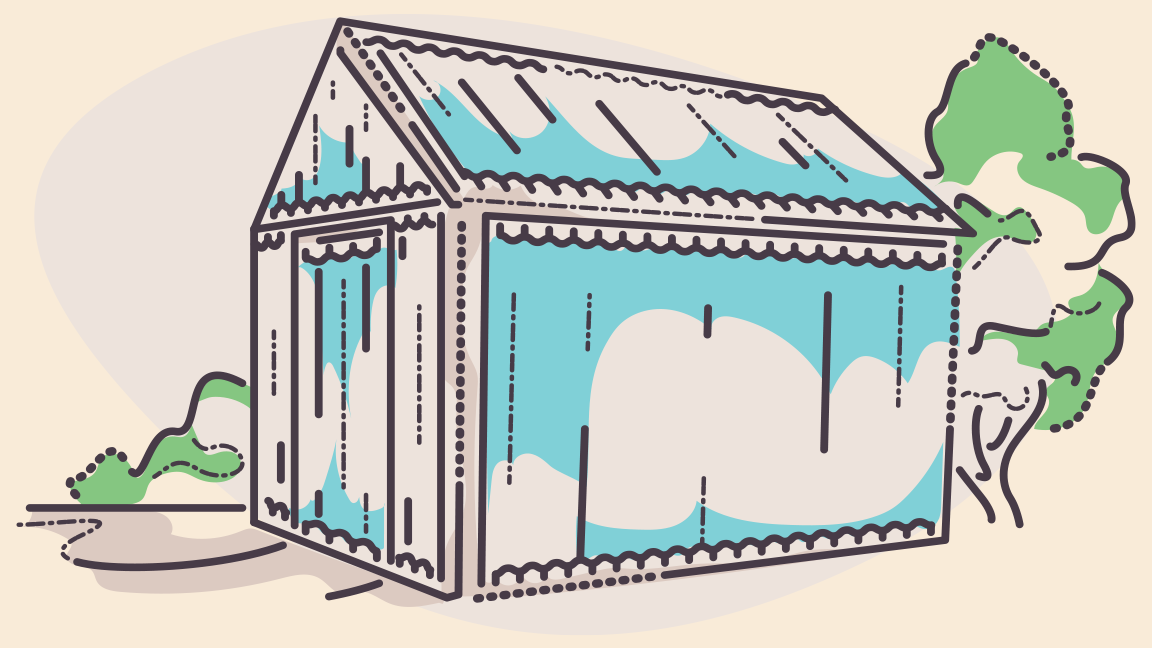 An illustration of a greenhouse built from plastic bottles.