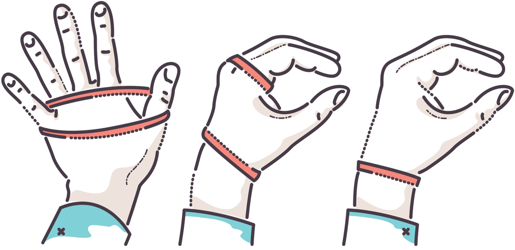 An illustration of elastic bands wrapped around hands.