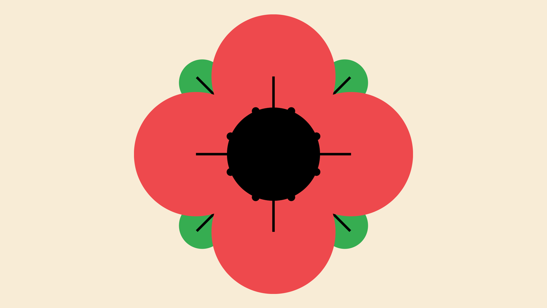 An illustration of a red poppy with green leaves on a magnolia background.