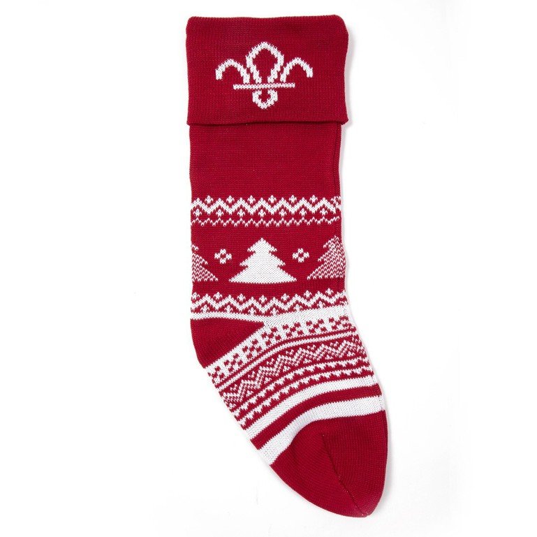 Knitted red and white Christmas Stocking with fleur de lis logo