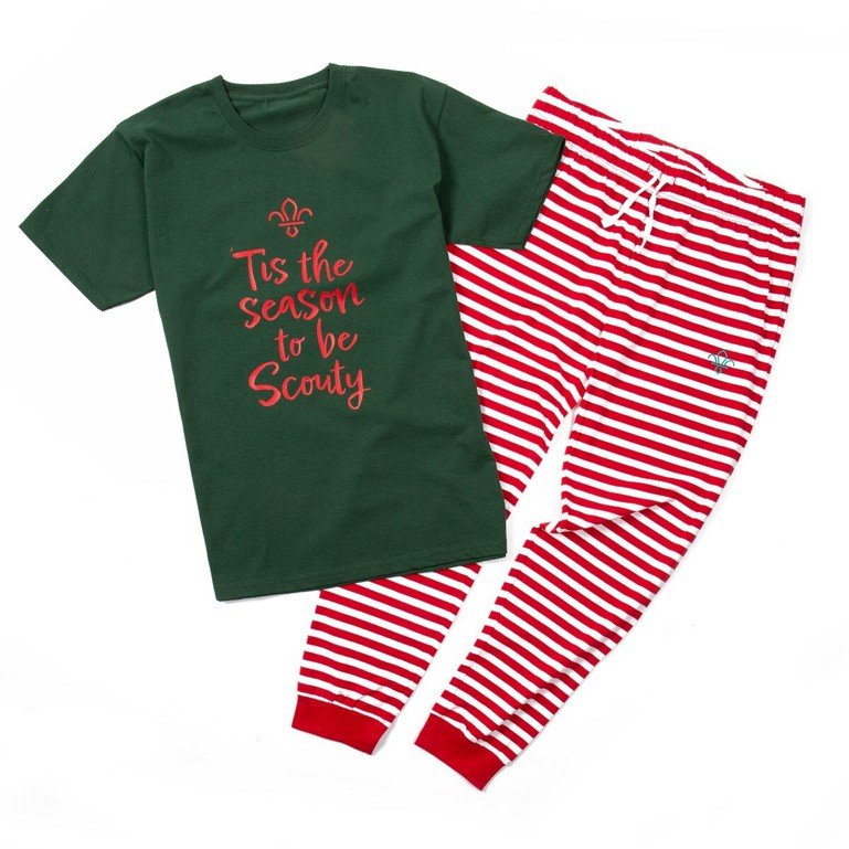 Pyjamas, green short-sleeved top saying 'Tis the season to be Scouty ' and fleur de lis logo in red lettering, red and white striped bottoms also with a fleur de lis logo