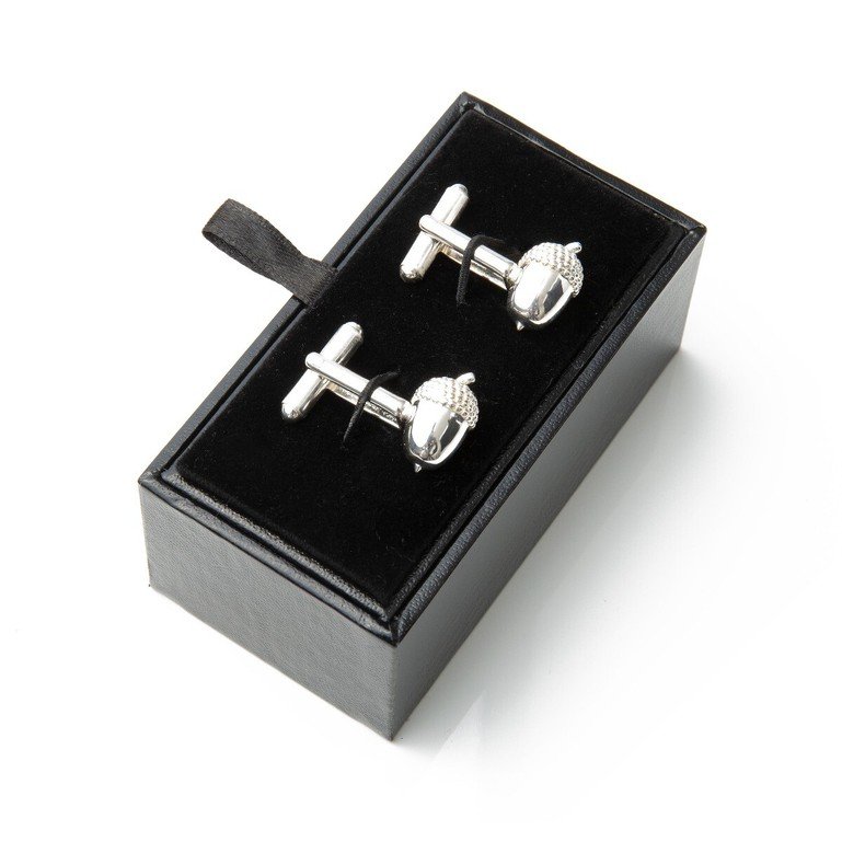 Sterling silver acorn cufflinks in black box
