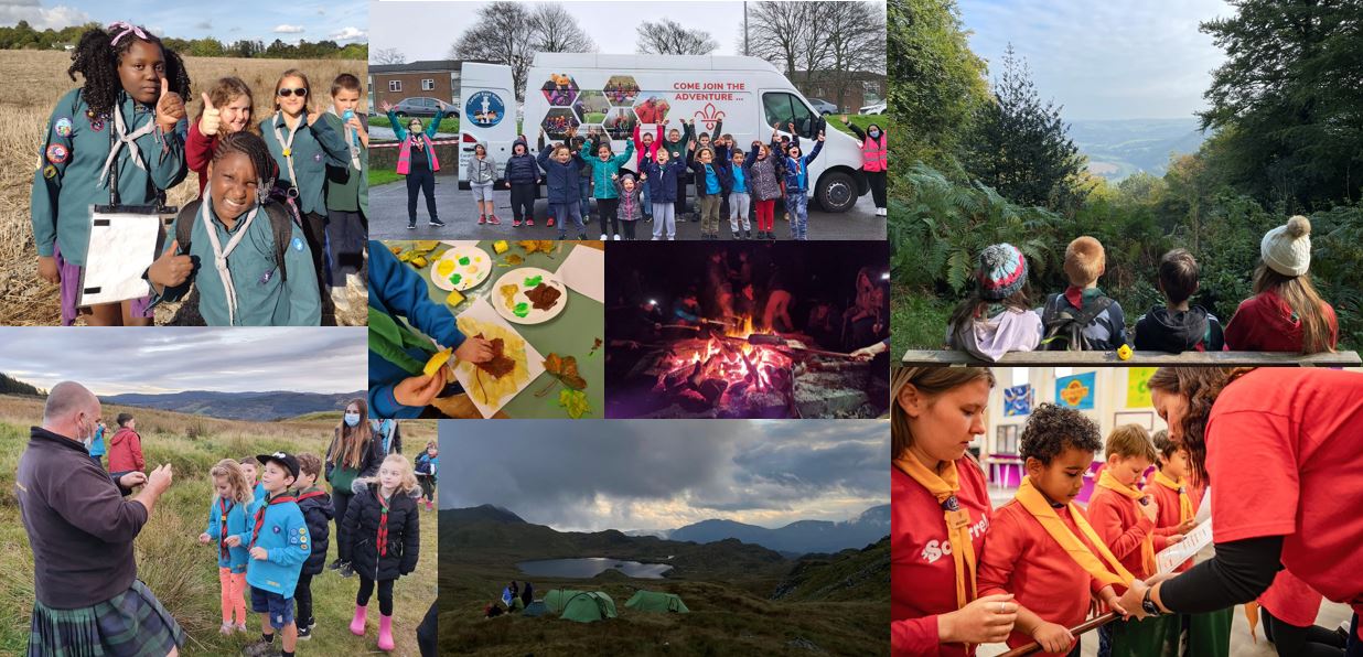 A selection of images showing Beavers, Scouts, Explorers and Squirrels doing a range of mostly Outdoors activities 