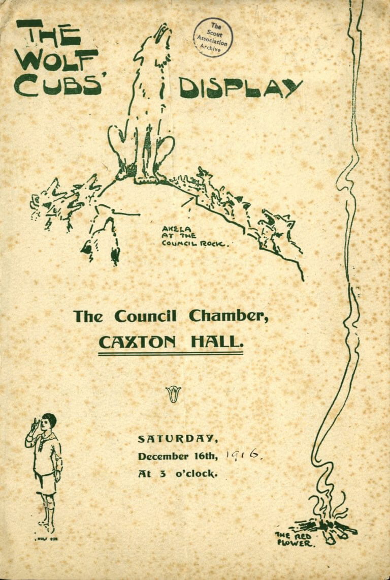 Image shows the illustrated cover of the programme for the Wolf Cubs launch from December 191