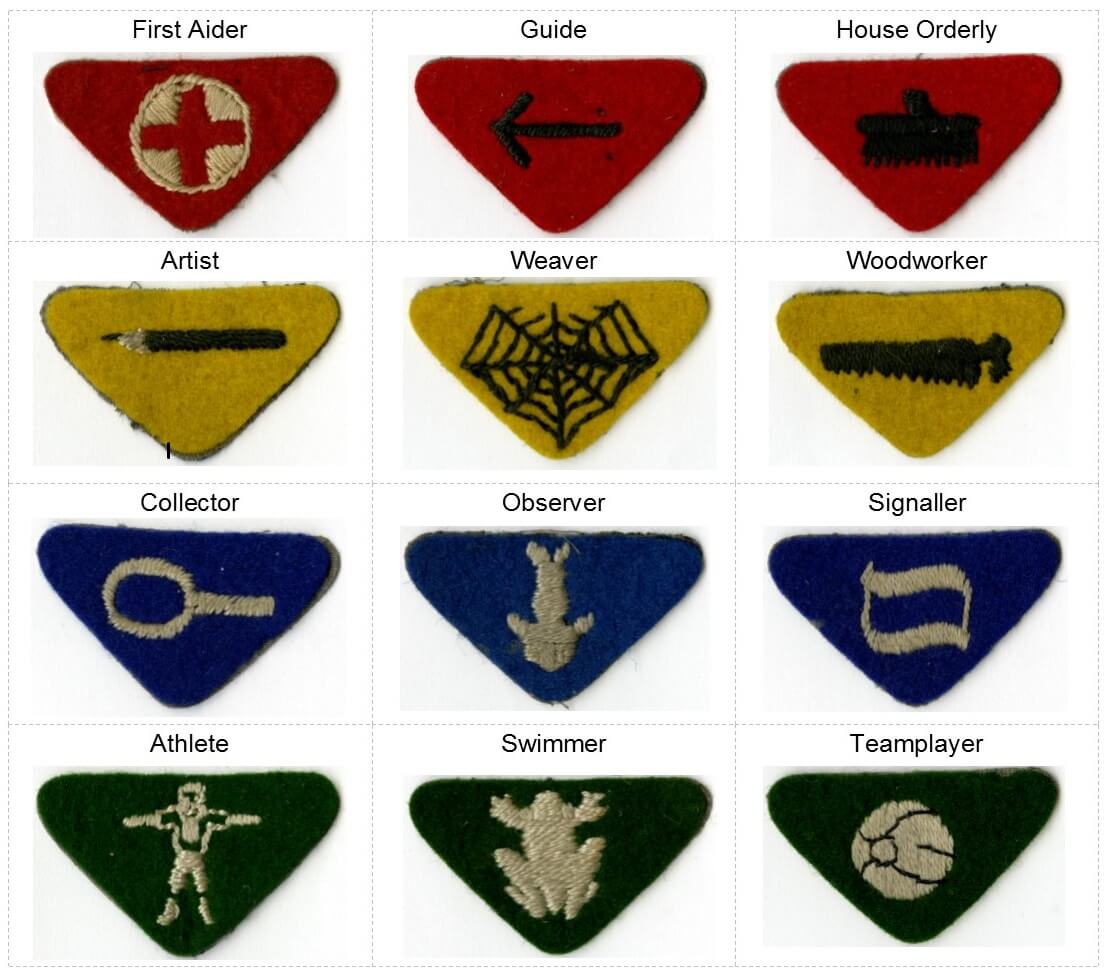 Image shows 12 triangular Wolf Cub badges, which are red, yellow, blue and green