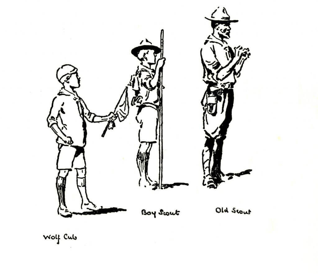 Black and white illustration of a Wolf Cub, Boy Scout and Old Scout wearing their uniforms