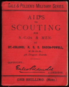 The red cover of a copy of Aids to Scouting