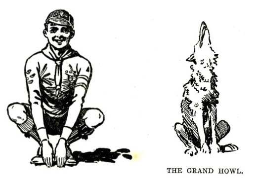 Illustration of a Wolf Cub crouching down in uniform next to a wolf howling