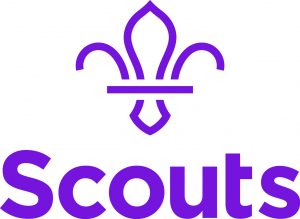 The modern Scouts logo is a plain purple fleur-de-lis over the text Scouts