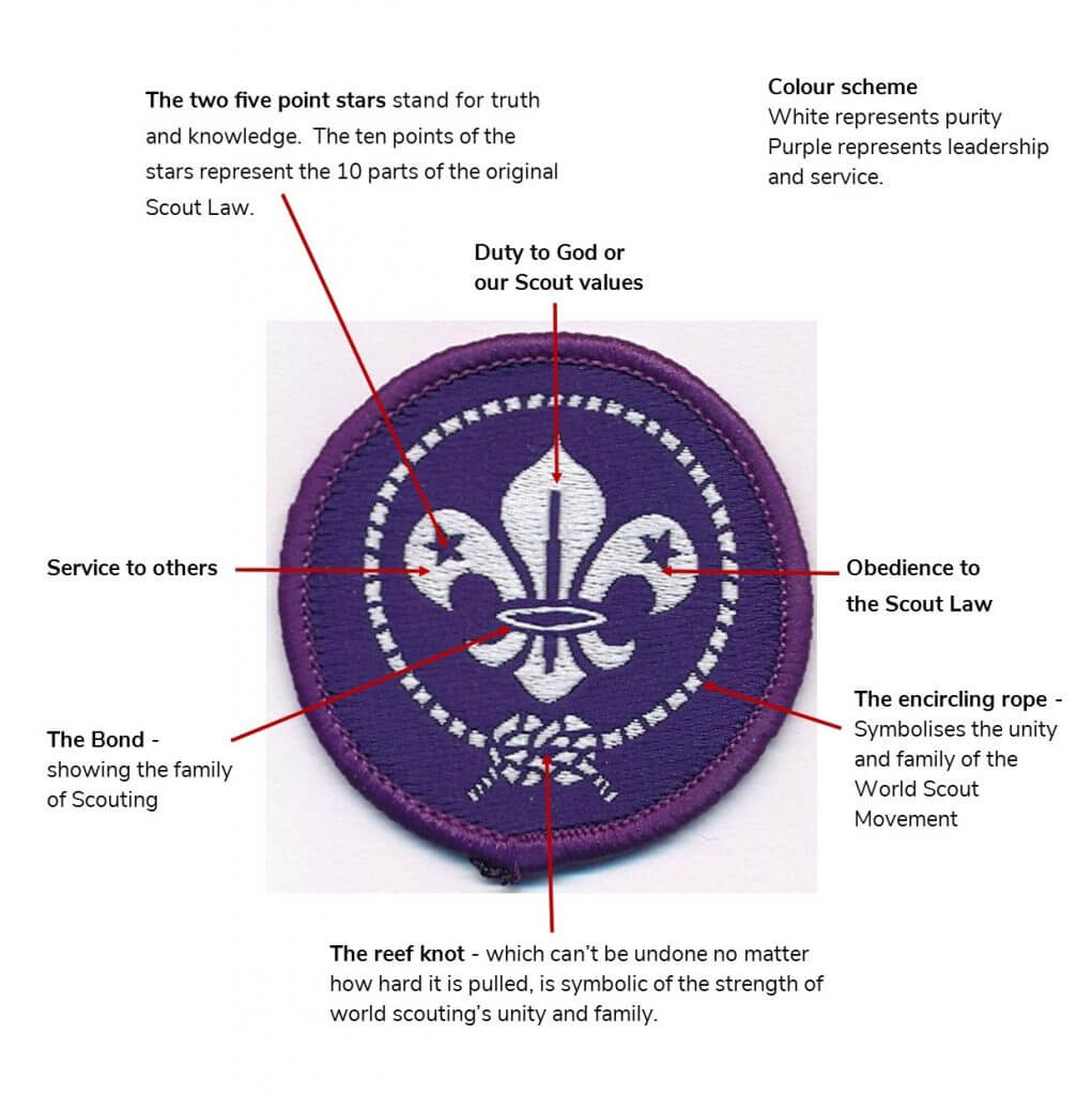 The purple Scouts world membership badge shows a white fleur-de-lis on a purple circle