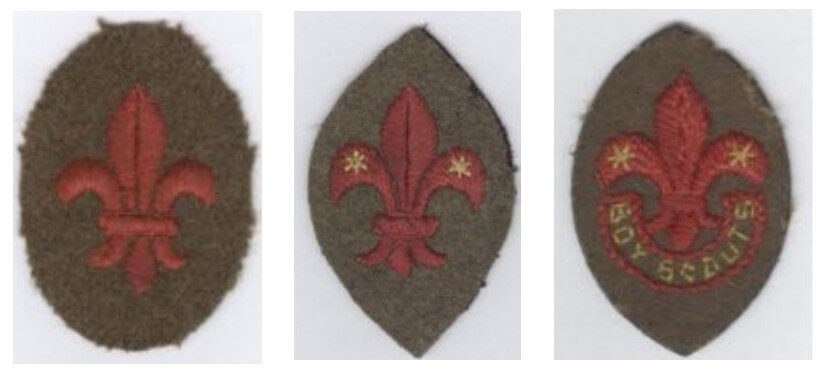 Three images of the World Membership badge showing its evolution. A red fleur-de-lis on a dark background is constant in the three.