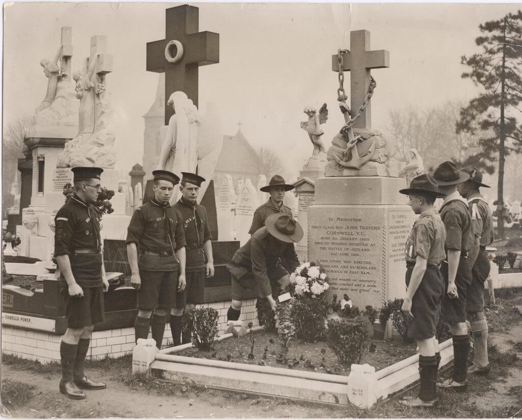 Image shows Scouts at the elaborate grave of Jack Cornwell in 1934