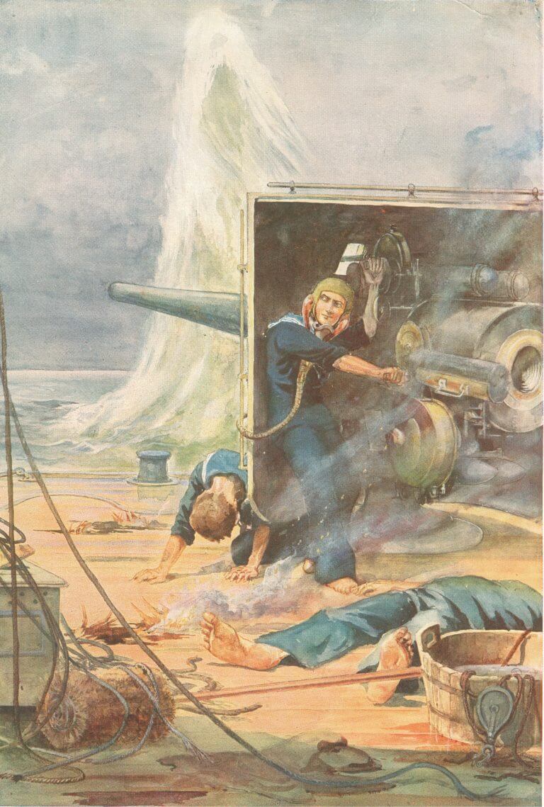 Image shows a painting by Baden-Powell of Cornwell manning an artillery gun on the coast 