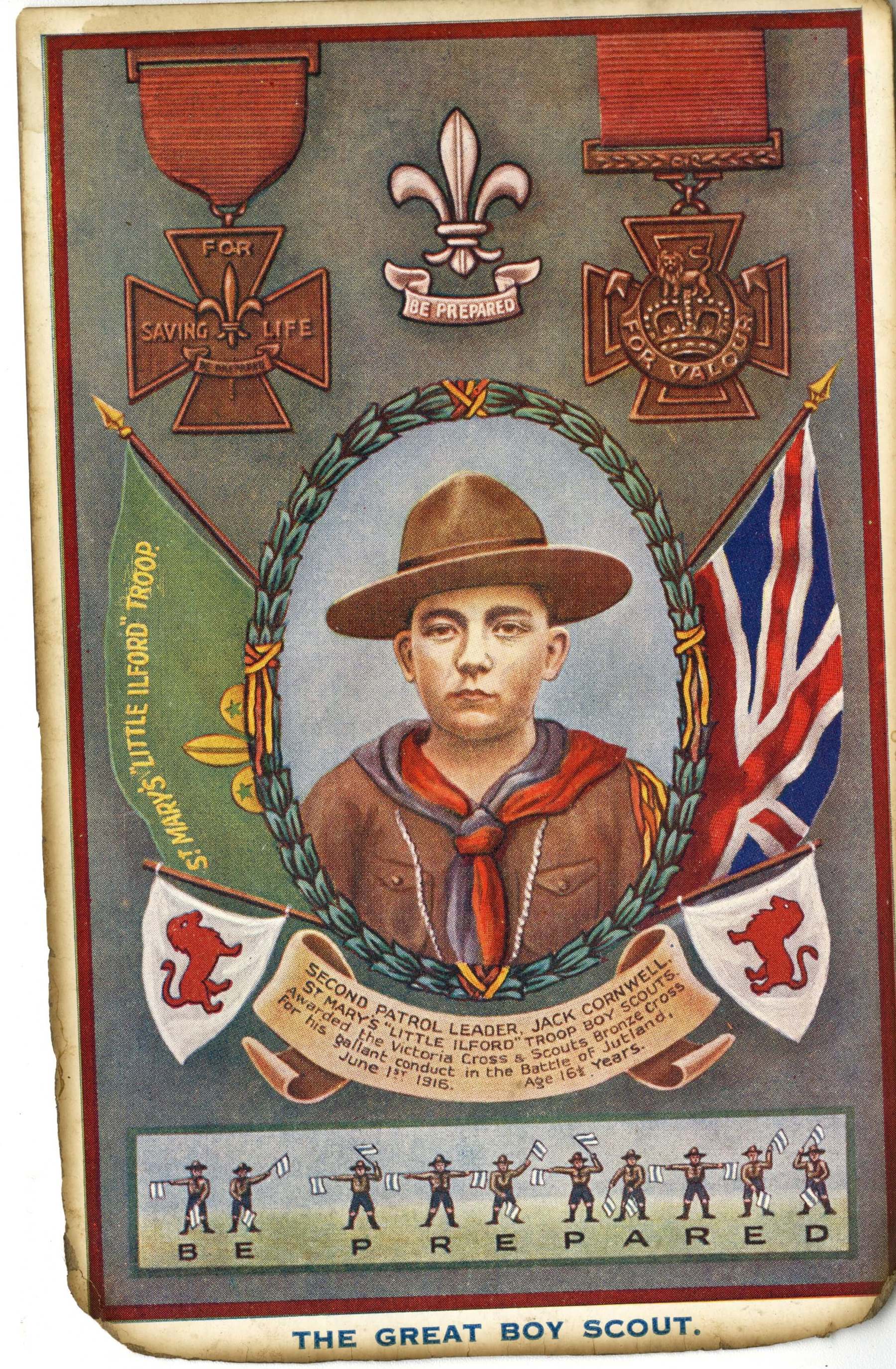 Image shows a colourful cigarette card showing an illustration of Jack in Scout uniform