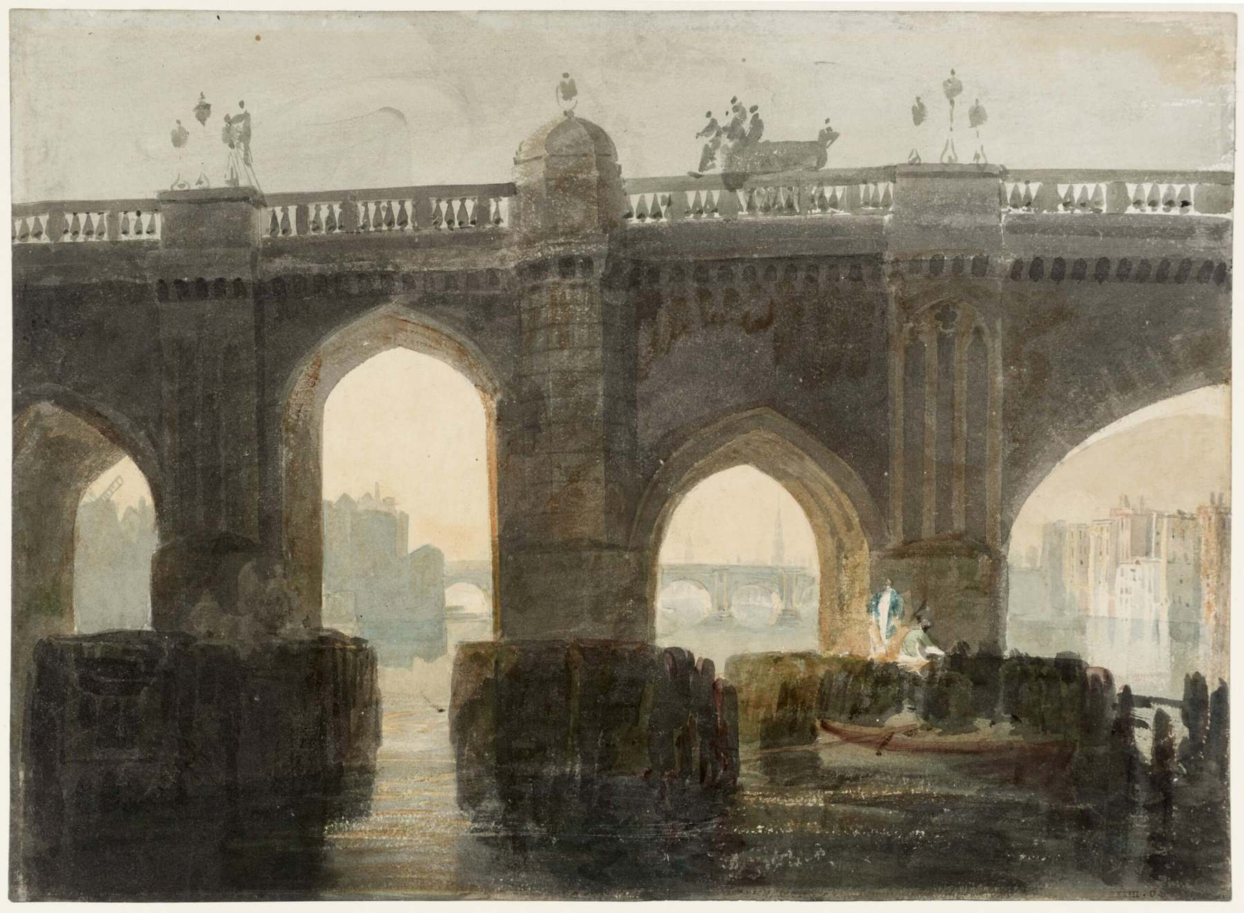 Image shows a painting of Old London Bridge by JW Turner