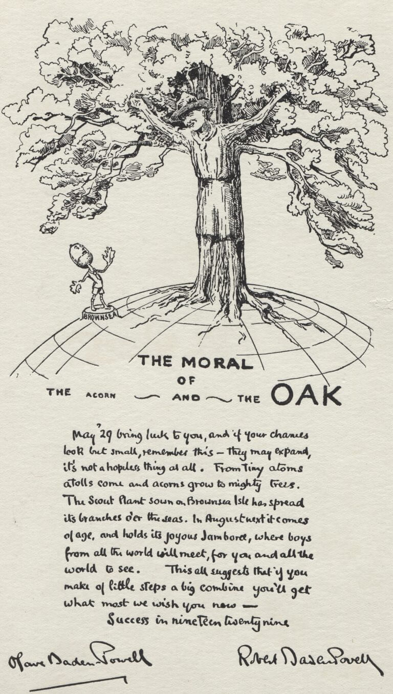 Image shows illustration of a tree and text in The Moral of the Acorn and the Oak by Robert Baden-Powell