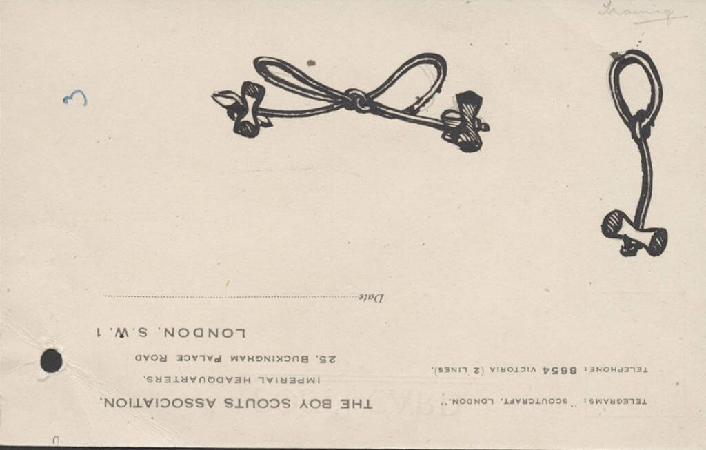 Image shows sketches by Baden-Powell of Wood Badge designs on a postcard
