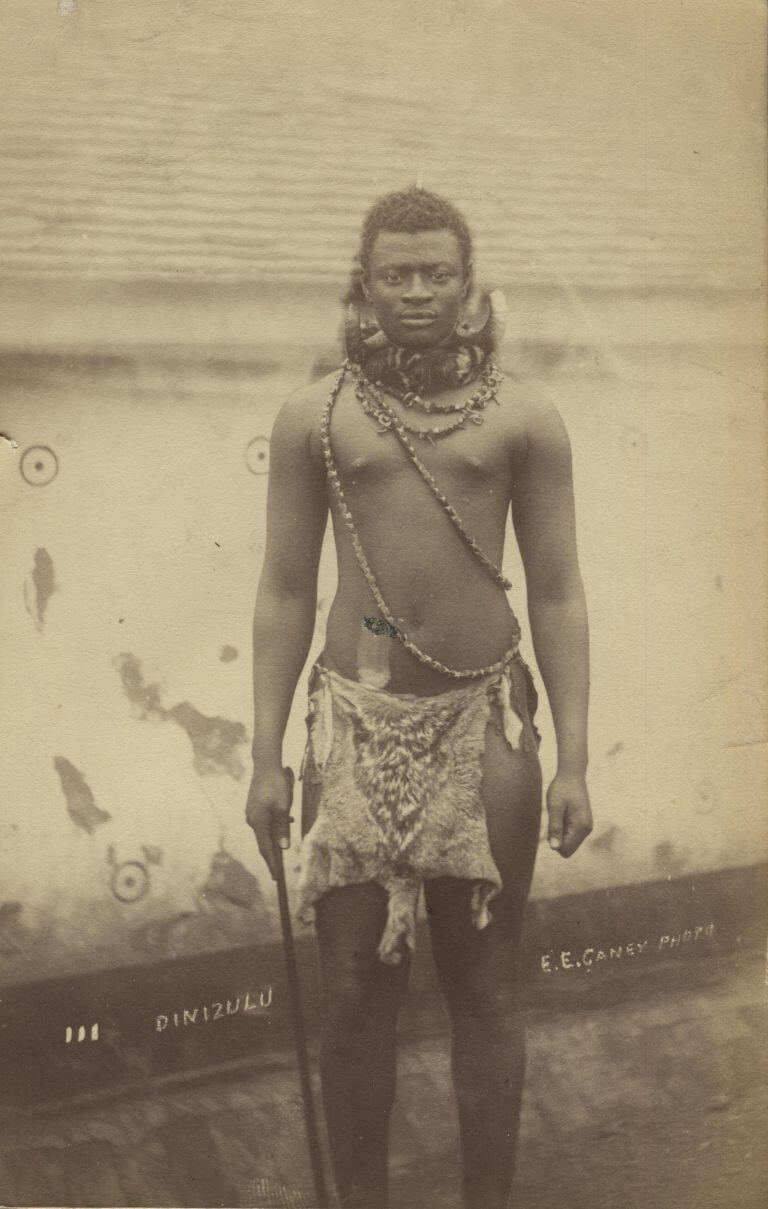 Image shows Chief Dinizulu wearing a necklace of wooden beads