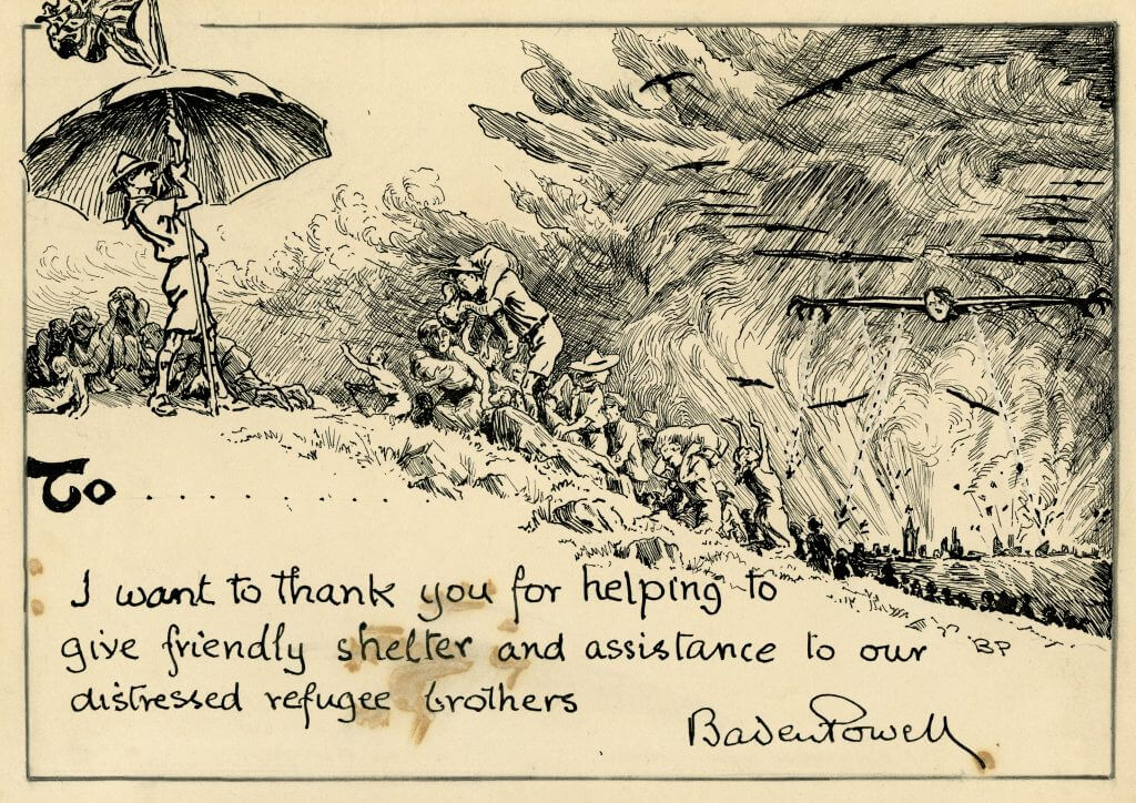 Drawing by Robert Baden-Powell of Scouts welcoming refugees fleeing Nazi planes, one of which features the face of Adolf Hitler on the front