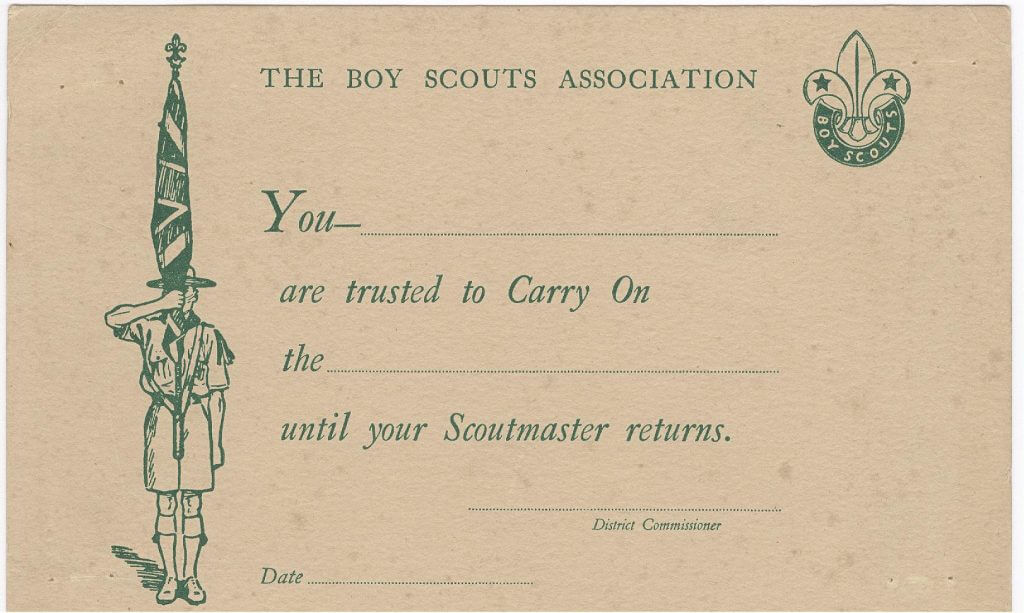  Certificate issued to Patrol Leaders who stepped into their leaders' role. It features the Scouts emblem in the top right corner and an illustration of a Scout on the left.