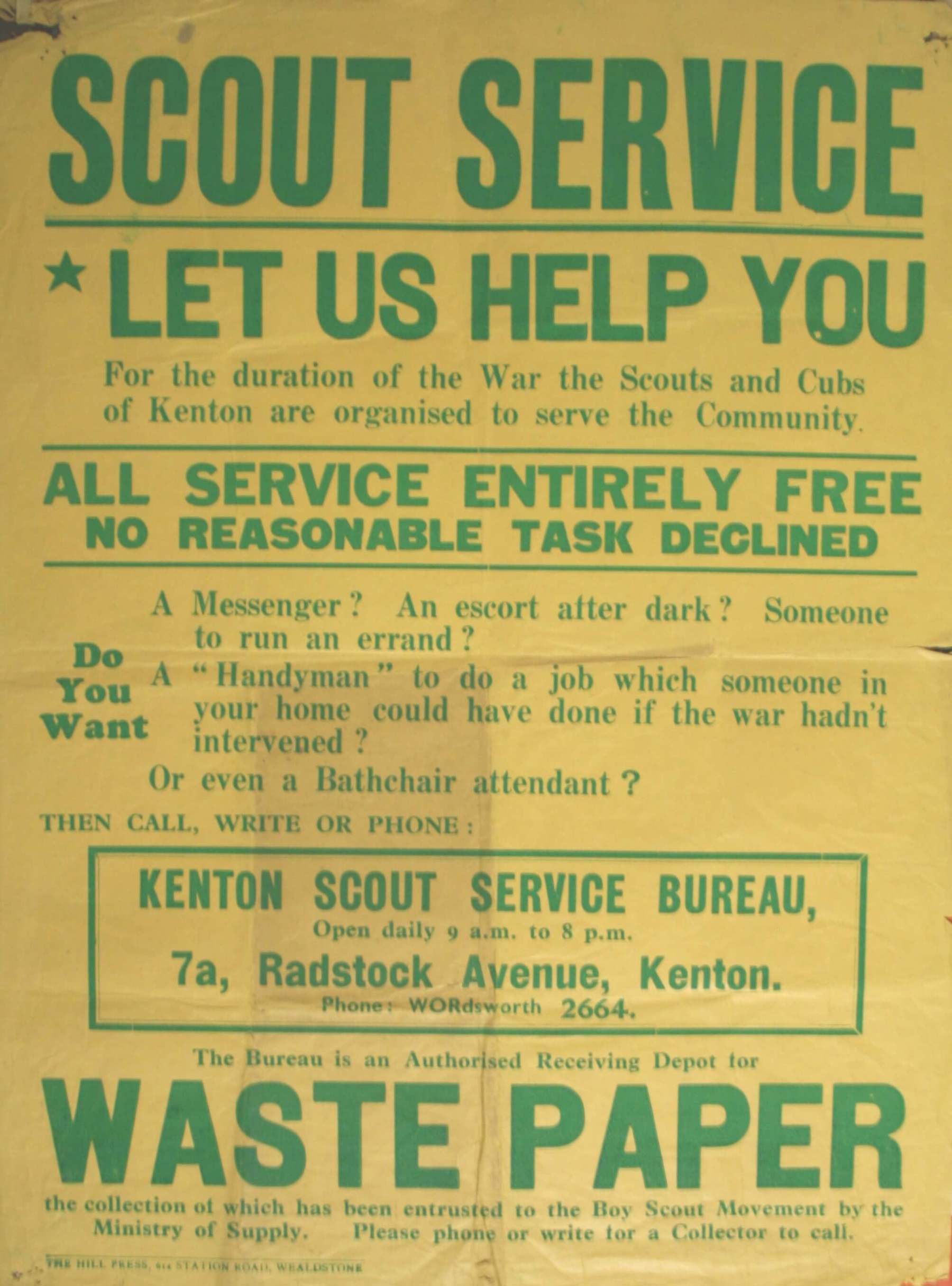 Poster for the Scout Service, with a yellow background and green writing