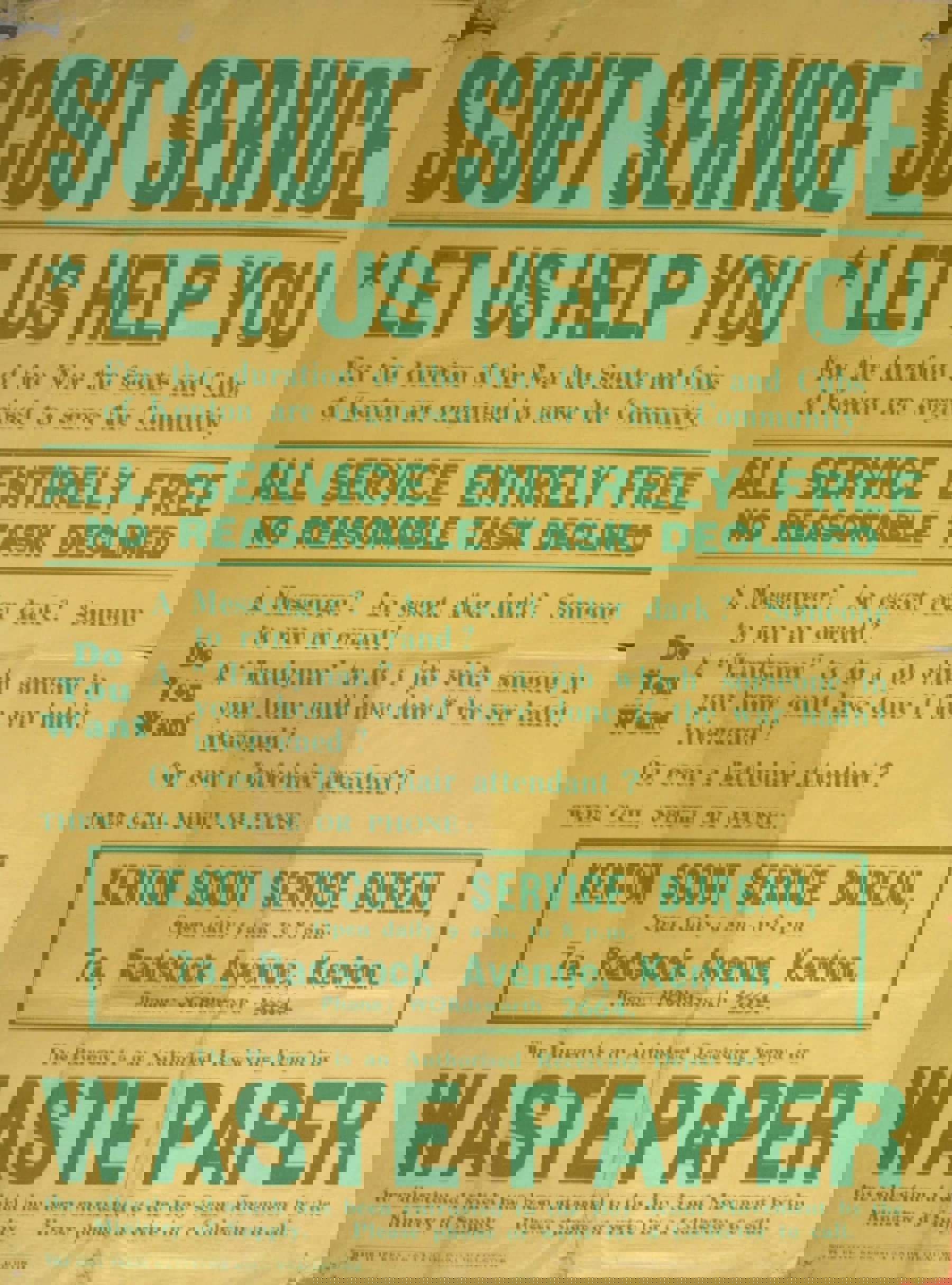 Poster for the Scout Service, with a yellow background and green writing