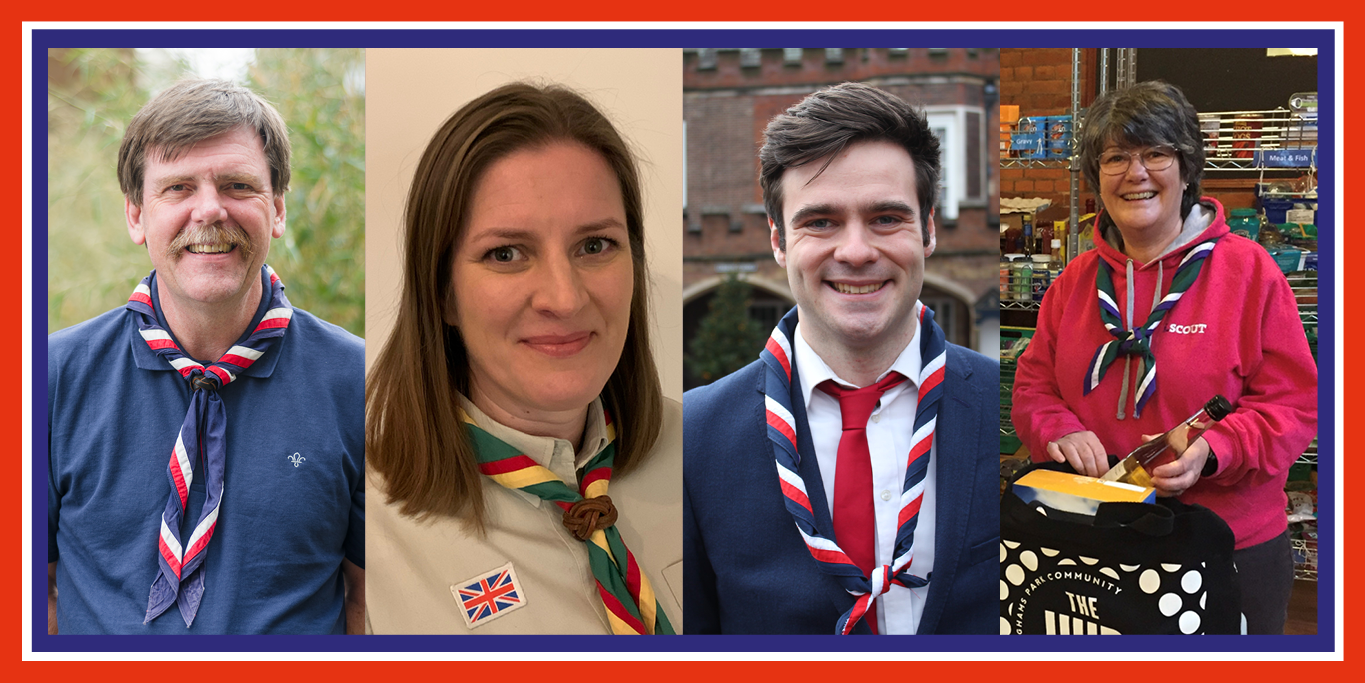 Mock-up of pictures of four people placed next to each other. They are all smiling at the camera and wearing a stripy Scouts scarf.