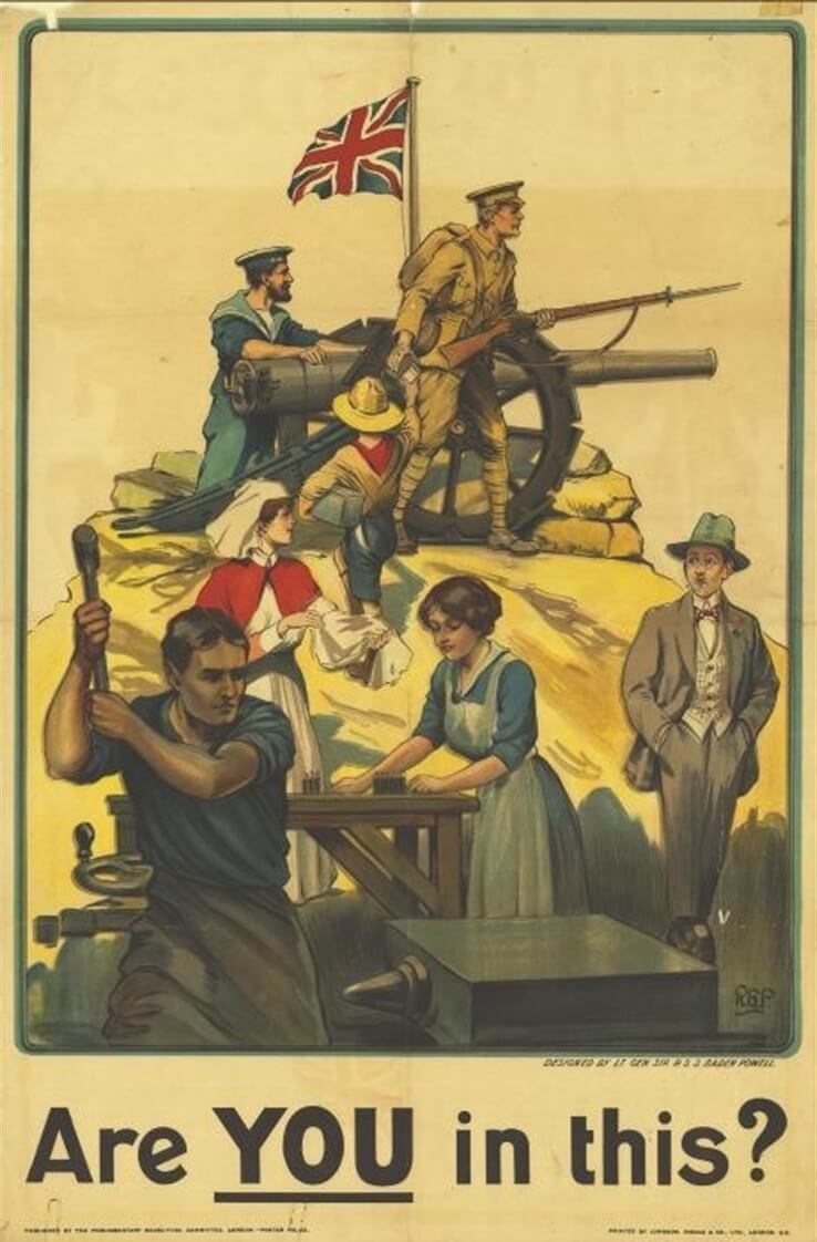 Image shows people carrying out duties related to the war effort, including a young Scout